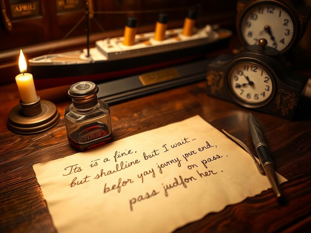 Flick International Vintage writing desk with ink bottle, quill pen, and prophetic Titanic letter
