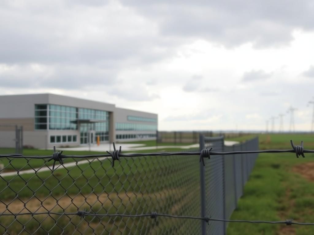 Flick International Close-up view of a modern immigration detention facility in rural Georgia, showcasing its transparency and security features.