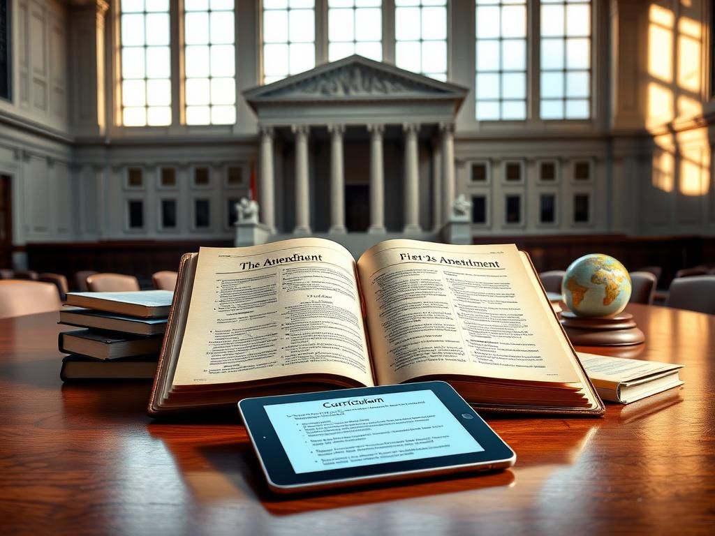 Flick International A courtroom scene featuring the Supreme Court building, an open book on the Constitution, and educational materials
