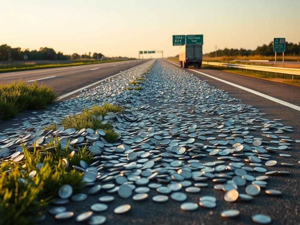 Flick International A Texas highway scene with an extensive spill of shiny dimes scattered across the asphalt
