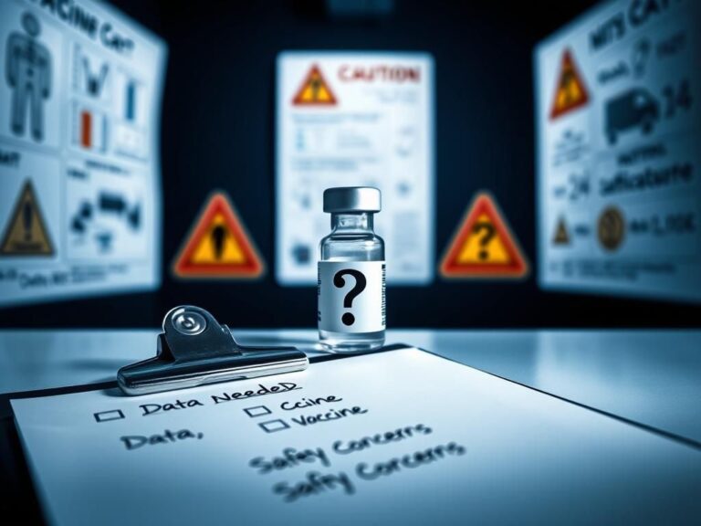 Flick International Close-up view of a COVID-19 vaccine vial on a sterile medical table with blurred charts in the background