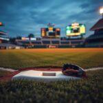 Flick International Vibrant baseball field scene at dusk with a glove resting in left field
