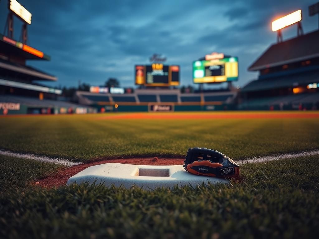 Flick International Vibrant baseball field scene at dusk with a glove resting in left field