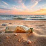 Flick International Old glass bottle partially buried in sand with weathered parchment inside at Ny-Hellesund beach
