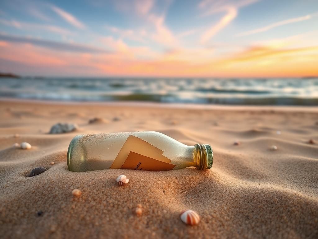 Flick International Old glass bottle partially buried in sand with weathered parchment inside at Ny-Hellesund beach