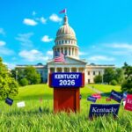 Flick International A vibrant political landscape featuring the Kentucky state capitol and an empty podium for the Senate race