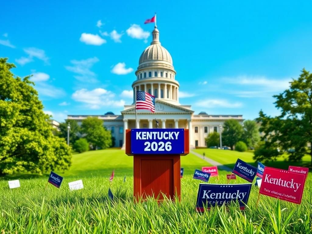 Flick International A vibrant political landscape featuring the Kentucky state capitol and an empty podium for the Senate race