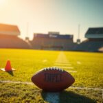 Flick International A serene NFL football field with a well-worn football and training equipment, symbolizing resilience and hope.