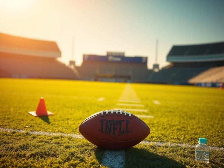 Flick International A serene NFL football field with a well-worn football and training equipment, symbolizing resilience and hope.