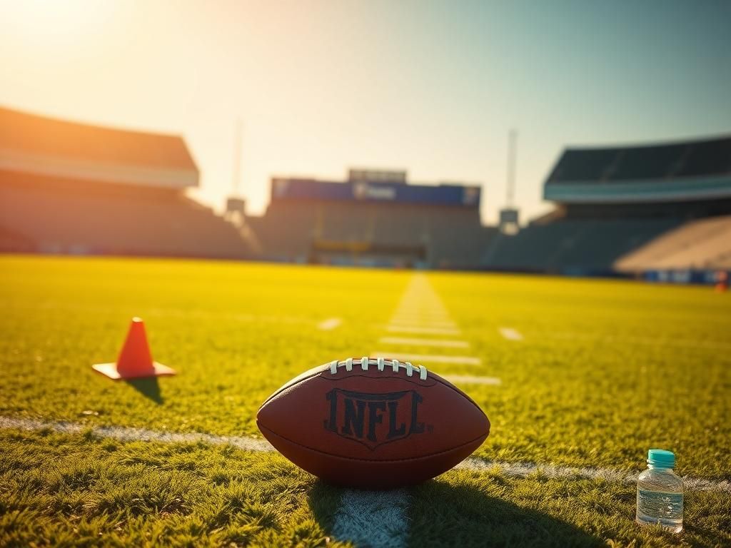 Flick International A serene NFL football field with a well-worn football and training equipment, symbolizing resilience and hope.