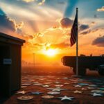 Flick International Military recruitment center at dawn with welcoming sign and waving flag