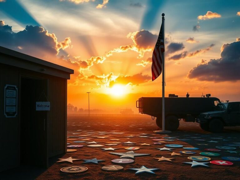 Flick International Military recruitment center at dawn with welcoming sign and waving flag