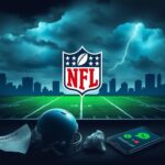 Flick International A stylized football field under a stormy sky with an NFL logo and an overturned helmet symbolizing controversy