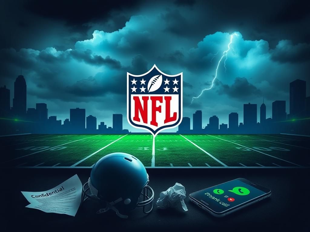 Flick International A stylized football field under a stormy sky with an NFL logo and an overturned helmet symbolizing controversy