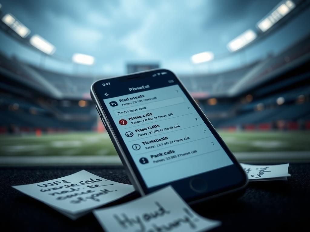 Flick International Close-up of a smartphone showing missed call notifications from unfamiliar area codes near a football stadium
