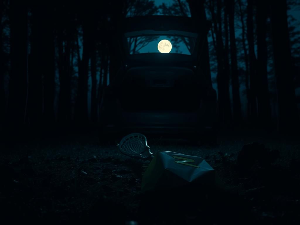 Flick International Dark forest scene with lacrosse stick and McDonald's bag hinting at a troubling incident