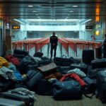 Flick International Chaotic scene at cruise terminal in Galveston with scattered luggage and queue barriers