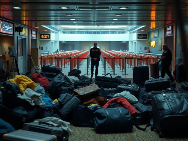 Flick International Chaotic scene at cruise terminal in Galveston with scattered luggage and queue barriers