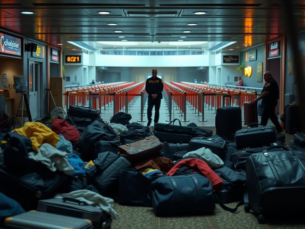 Flick International Chaotic scene at cruise terminal in Galveston with scattered luggage and queue barriers