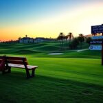 Flick International A serene golf course at sunrise with a wooden bench and vintage golf bag