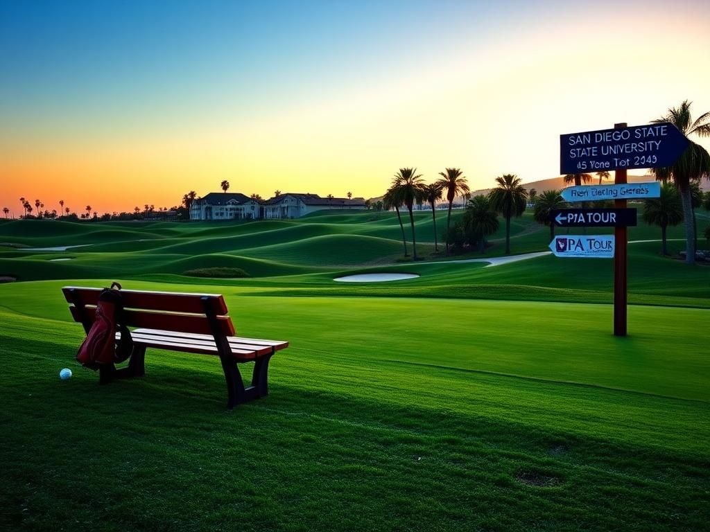 Flick International A serene golf course at sunrise with a wooden bench and vintage golf bag
