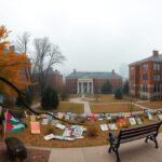 Flick International Panoramic view of Columbia University campus with protest signs advocating for Palestinian rights