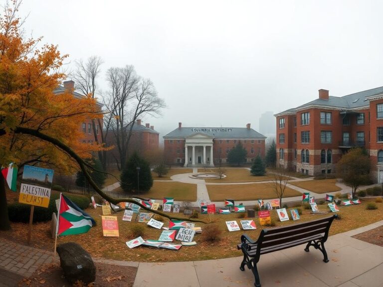 Flick International Panoramic view of Columbia University campus with protest signs advocating for Palestinian rights