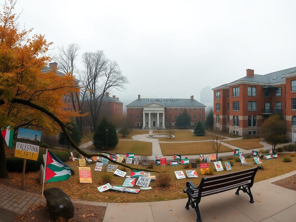 Flick International Panoramic view of Columbia University campus with protest signs advocating for Palestinian rights