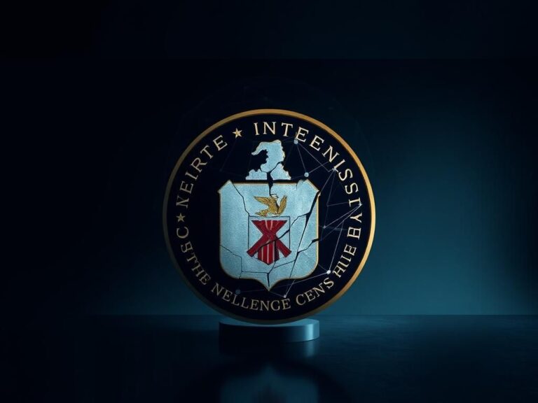 Flick International Symbolic representation of the CIA undergoing restructuring in a dimly lit room with abstract geometric shapes.