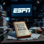 Flick International Dimly lit sports newsroom with Bill Belichick's book on a wooden desk filled with crumpled notes and memorabilia