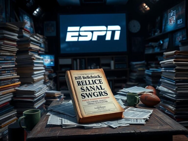 Flick International Dimly lit sports newsroom with Bill Belichick's book on a wooden desk filled with crumpled notes and memorabilia
