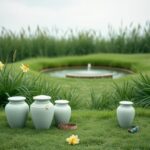 Flick International Tranquil pet memorial garden featuring urns and a serene pond