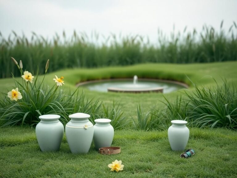 Flick International Tranquil pet memorial garden featuring urns and a serene pond