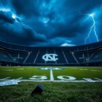 Flick International A dramatic football stadium scene with an empty field featuring the UNC Tar Heels logo, stormy clouds, and lightning