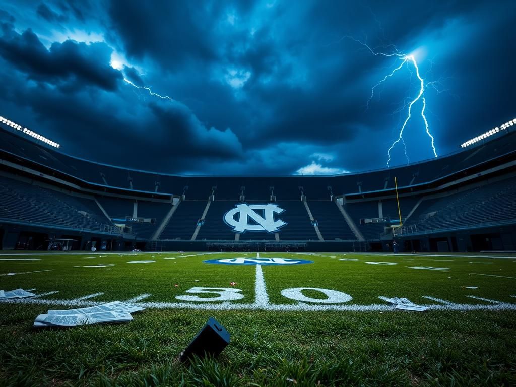 Flick International A dramatic football stadium scene with an empty field featuring the UNC Tar Heels logo, stormy clouds, and lightning