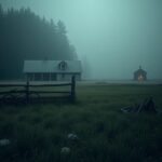 Flick International Foggy dusk view of Fox Hollow Farm showcasing the eerie 18-acre property