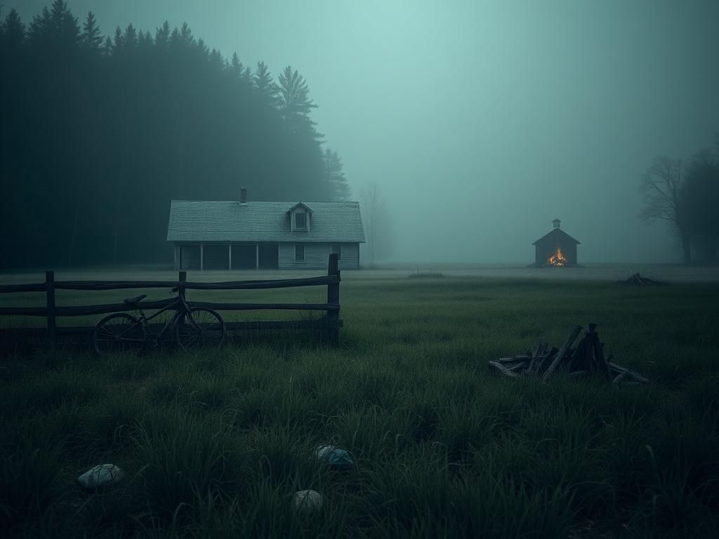 Flick International Foggy dusk view of Fox Hollow Farm showcasing the eerie 18-acre property