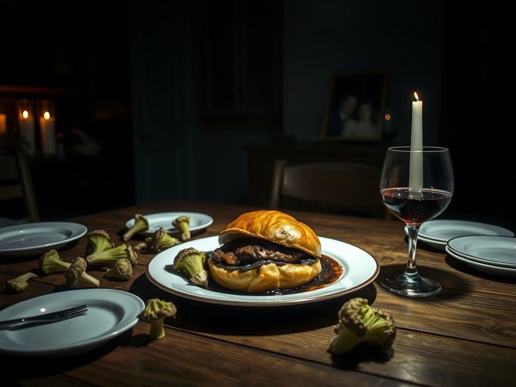 Flick International Dimly lit kitchen featuring a beautifully plated beef Wellington surrounded by poisonous mushrooms