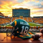 Flick International Vibrant scene of Lambeau Field at twilight with Packers helmet and jersey for Matthew Golden
