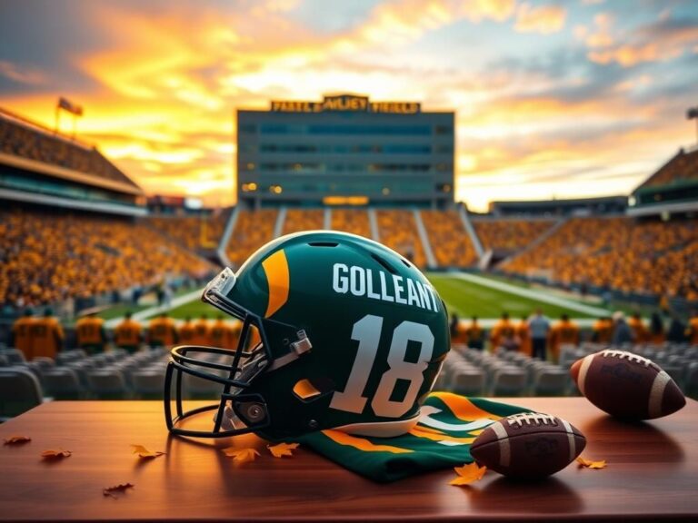 Flick International Vibrant scene of Lambeau Field at twilight with Packers helmet and jersey for Matthew Golden