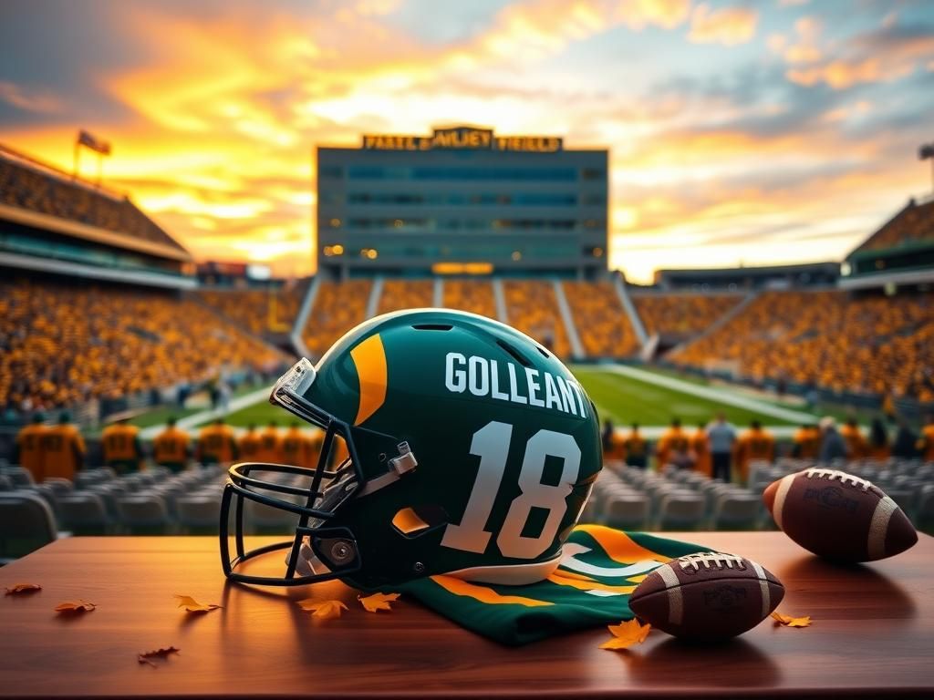Flick International Vibrant scene of Lambeau Field at twilight with Packers helmet and jersey for Matthew Golden