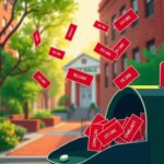 Flick International A vibrant urban scene depicting a city hall with red cards symbolizing immigrant rights