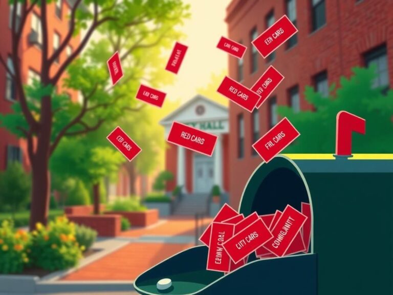 Flick International A vibrant urban scene depicting a city hall with red cards symbolizing immigrant rights