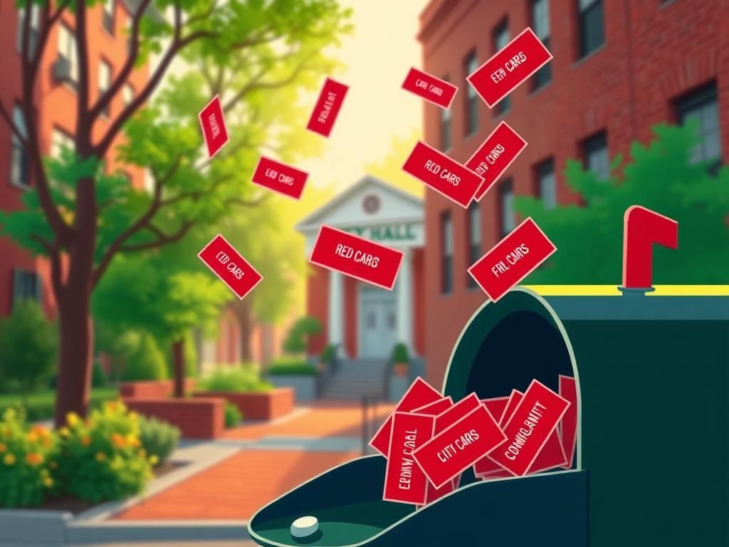 Flick International A vibrant urban scene depicting a city hall with red cards symbolizing immigrant rights