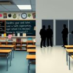 Flick International A vibrant classroom contrasting with shadowy closed doors symbolizing secrecy around gender transition issues.