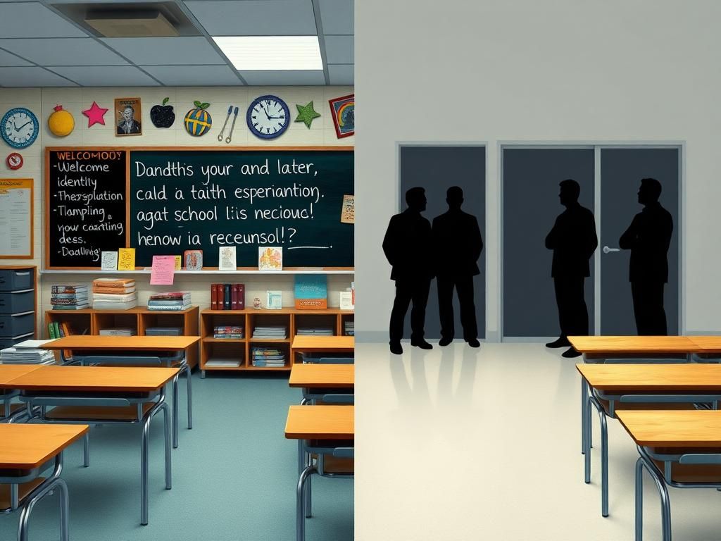 Flick International A vibrant classroom contrasting with shadowy closed doors symbolizing secrecy around gender transition issues.