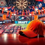 Flick International Close-up of a Cleveland Browns cap on a polished wooden table amidst colorful NFL draft boards