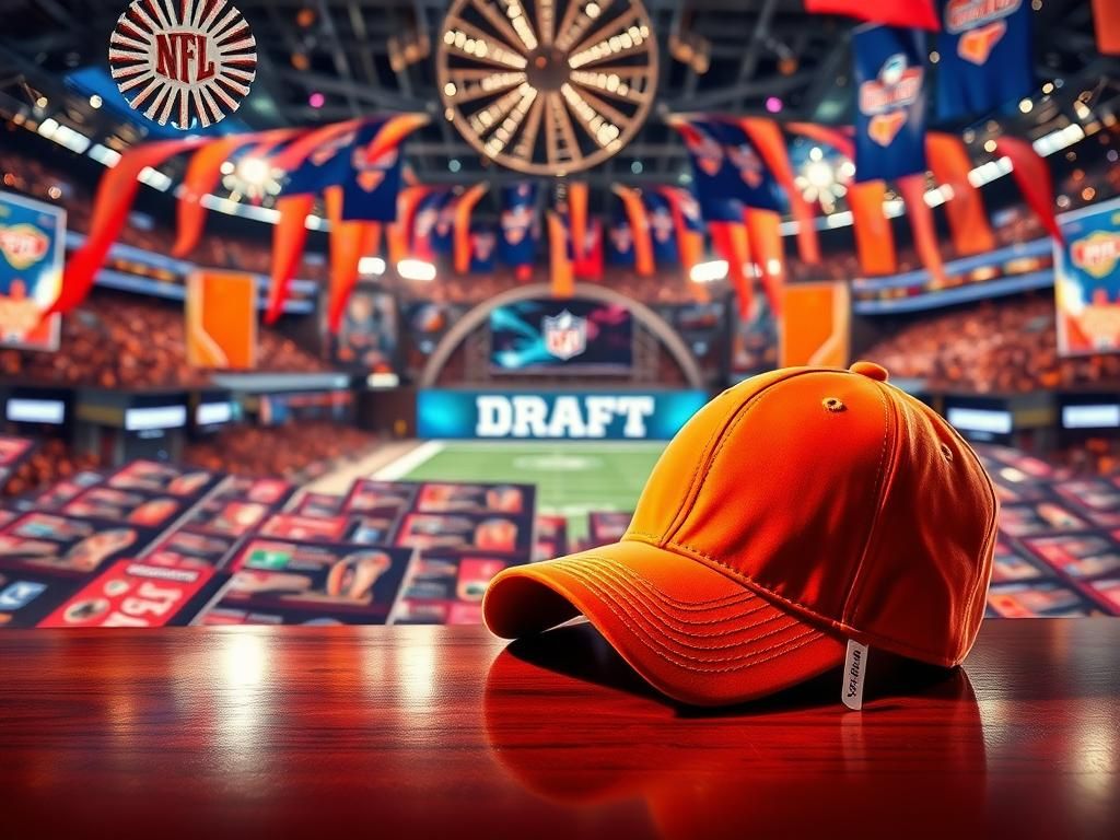 Flick International Close-up of a Cleveland Browns cap on a polished wooden table amidst colorful NFL draft boards