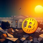 Flick International Illustration of a golden dogecoin symbol in front of the White House at twilight