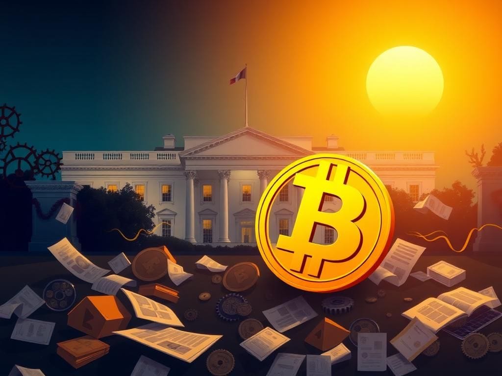 Flick International Illustration of a golden dogecoin symbol in front of the White House at twilight